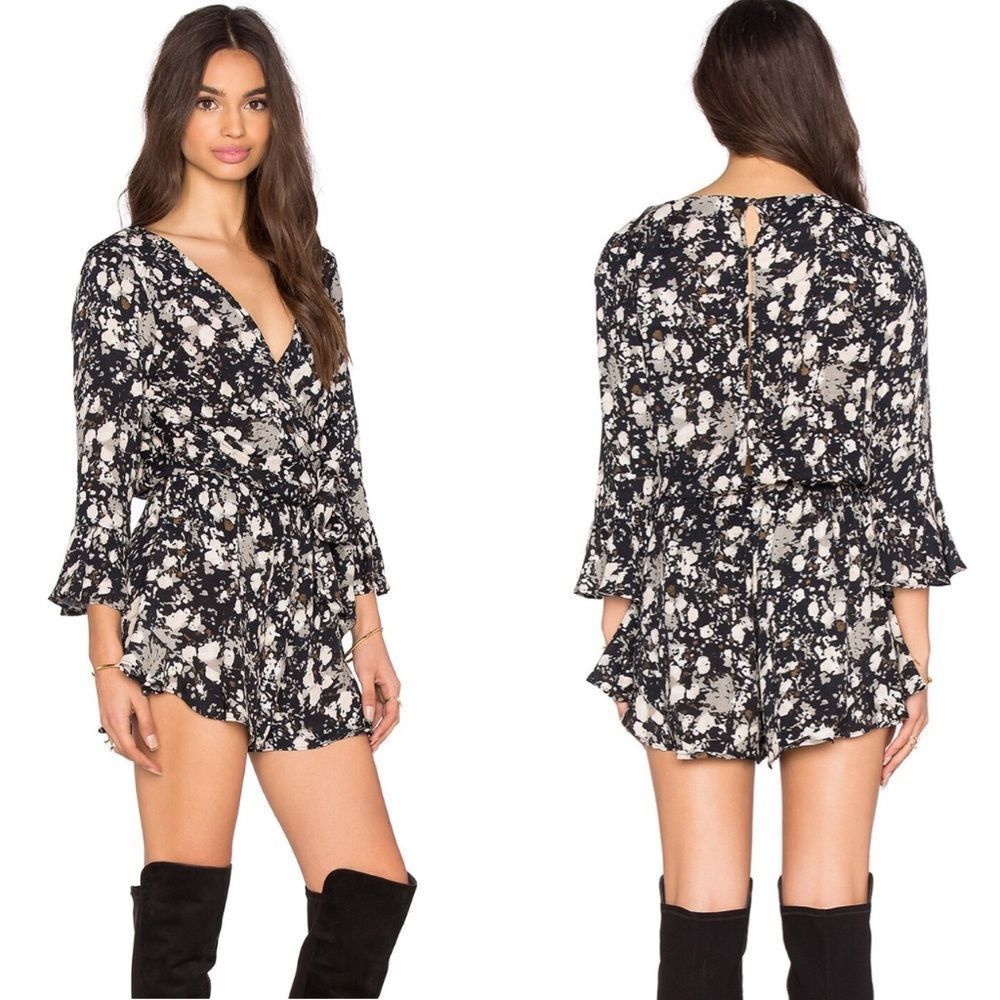 Free People All The Right Ruffles Romper Black Raven Combo Size Medium